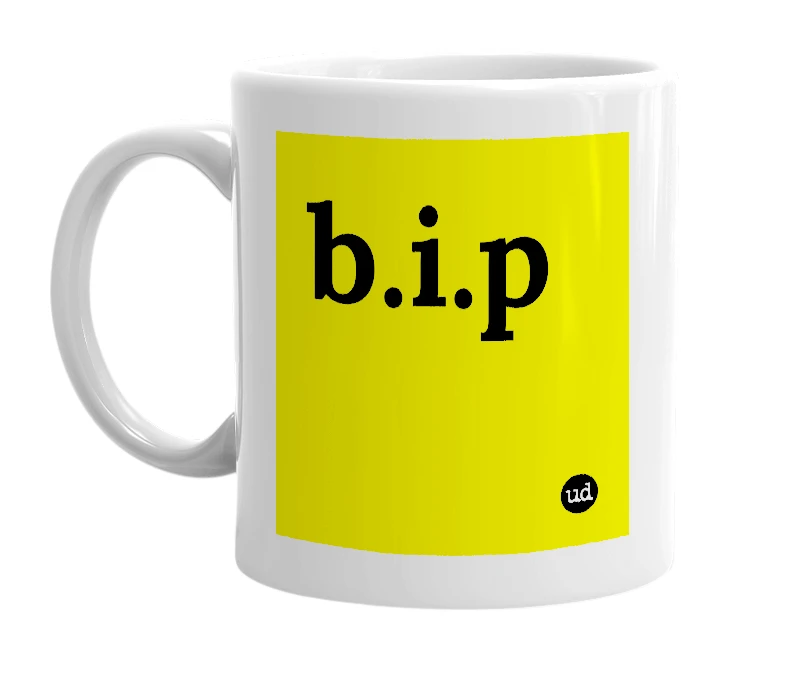 White mug with 'b.i.p' in bold black letters