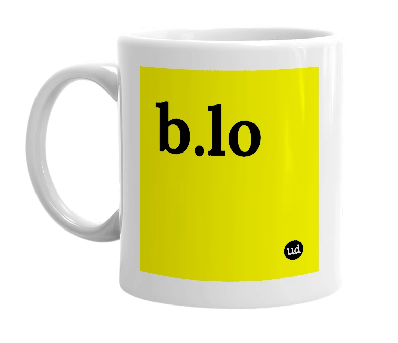 White mug with 'b.lo' in bold black letters