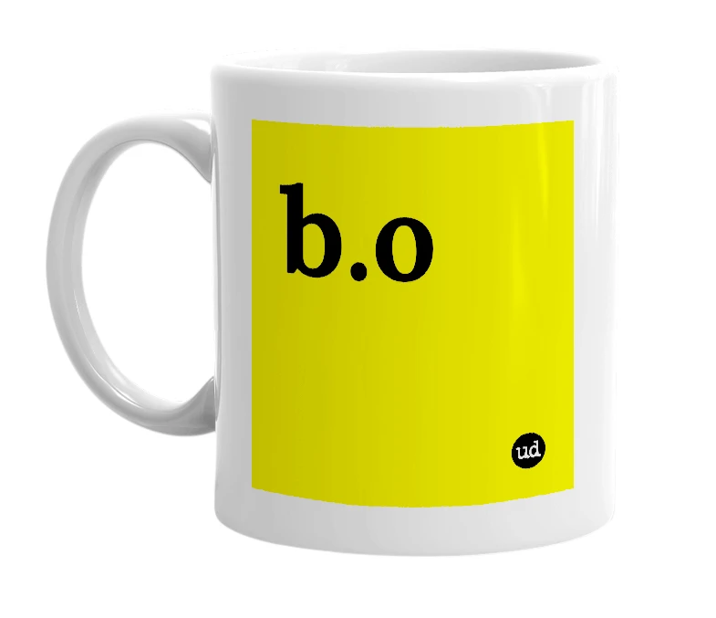 White mug with 'b.o' in bold black letters