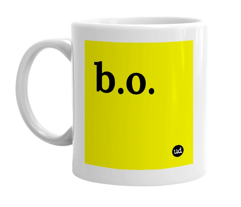 White mug with 'b.o.' in bold black letters