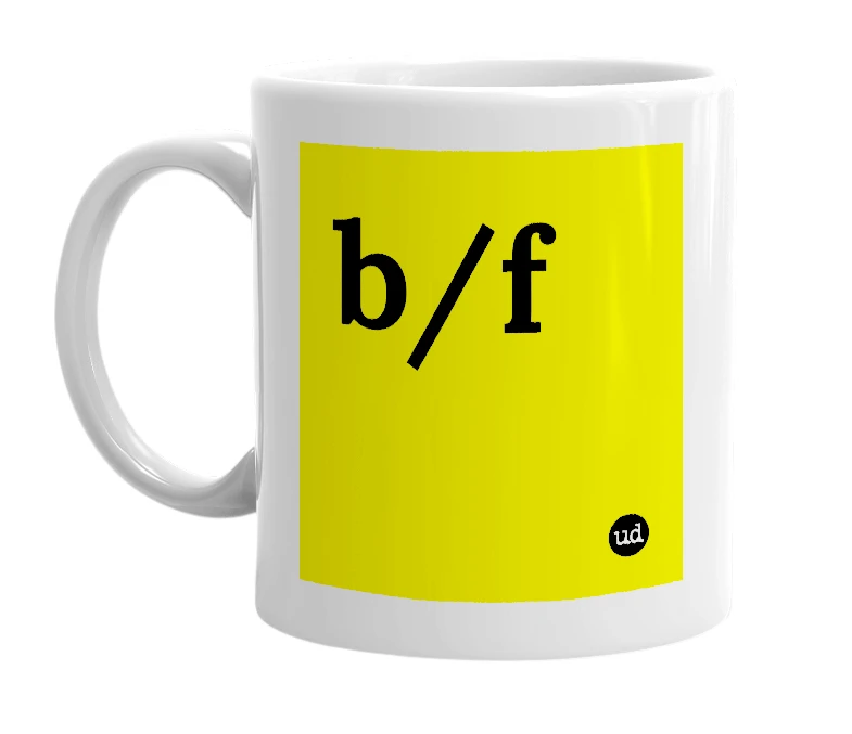 White mug with 'b/f' in bold black letters