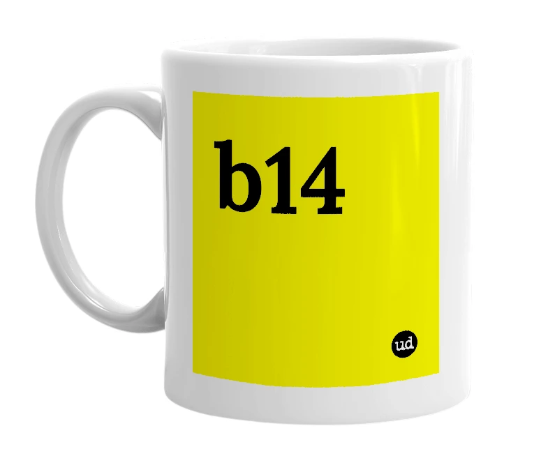 White mug with 'b14' in bold black letters