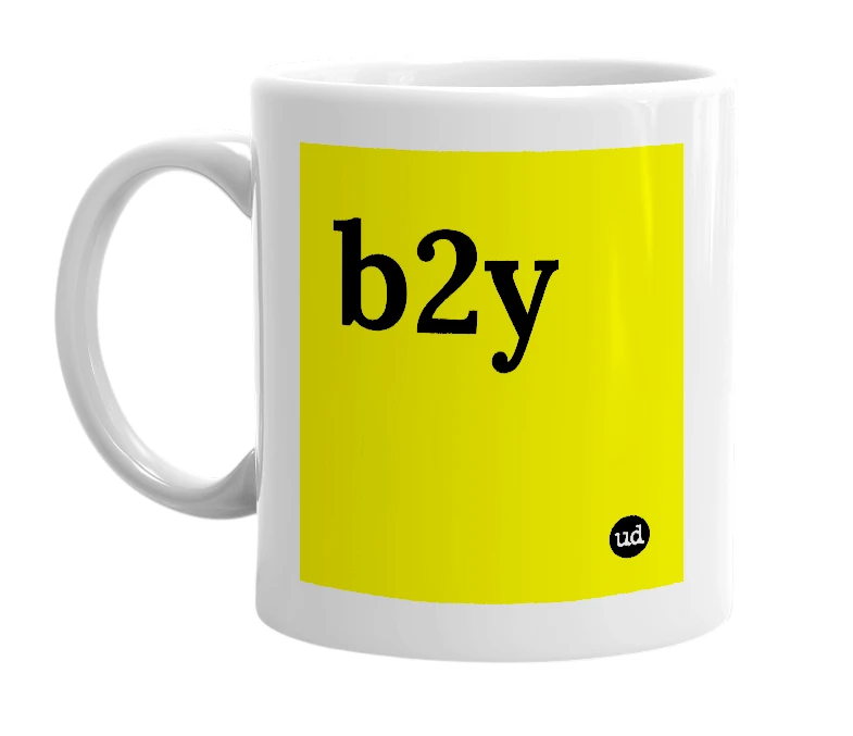 White mug with 'b2y' in bold black letters