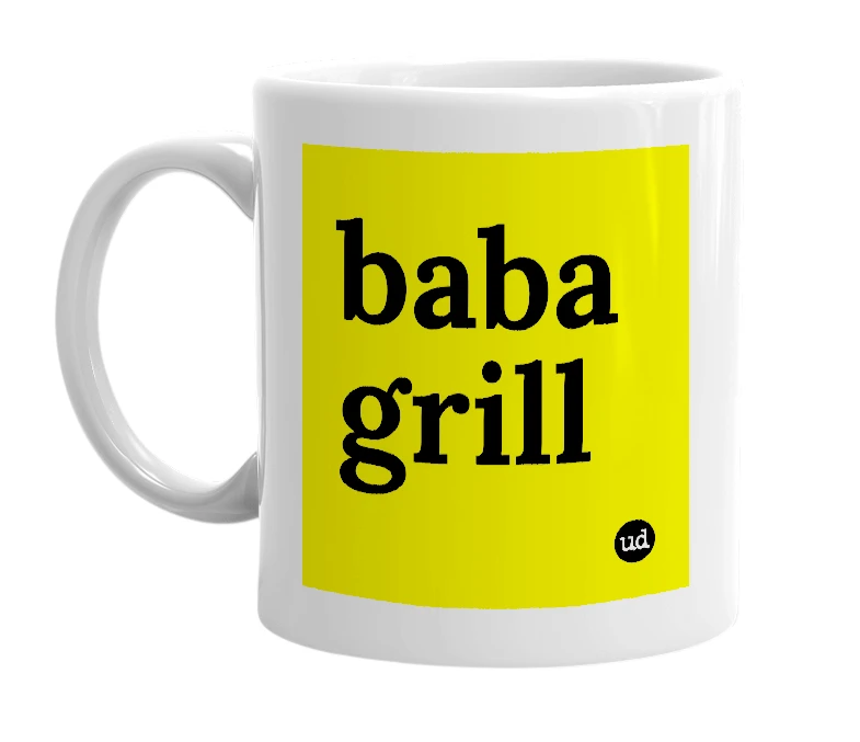 White mug with 'baba grill' in bold black letters