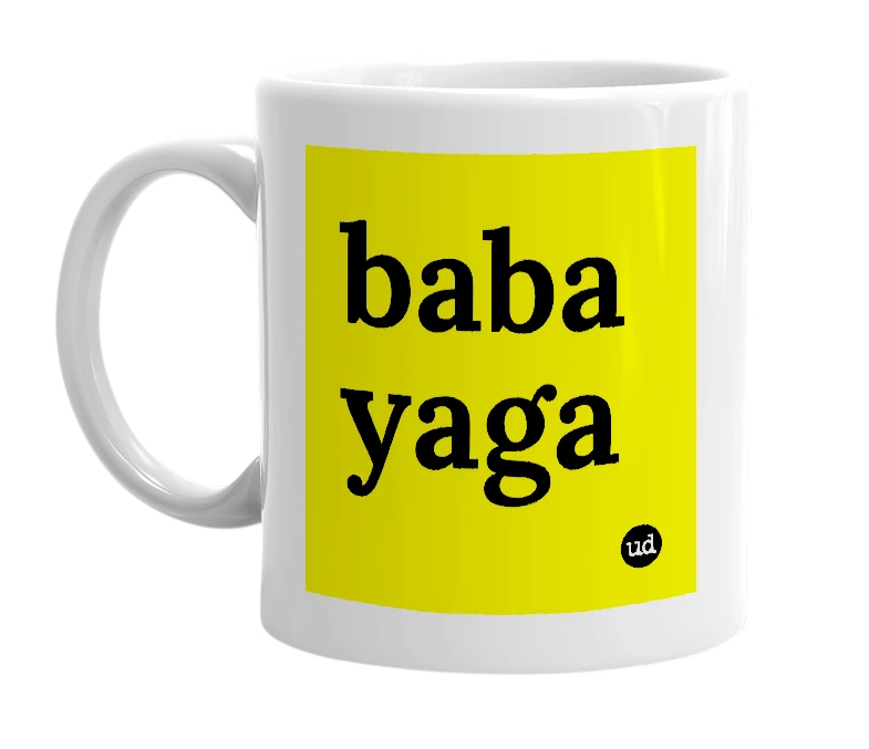 White mug with 'baba yaga' in bold black letters