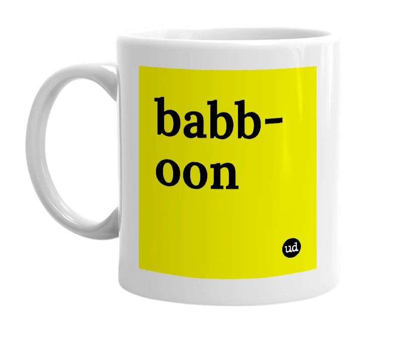 White mug with 'babb-oon' in bold black letters