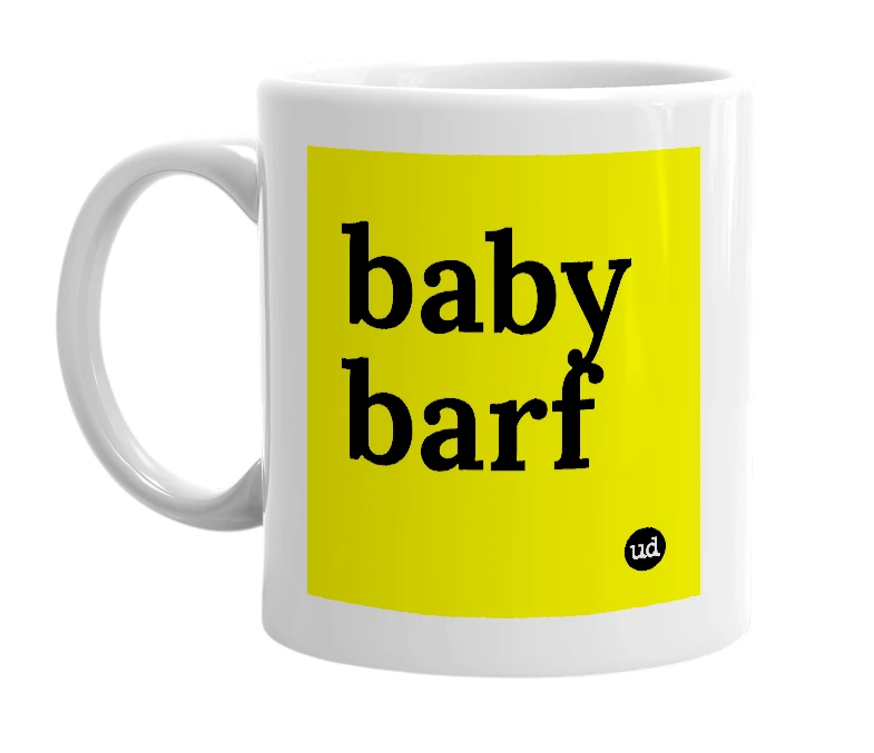 White mug with 'baby barf' in bold black letters