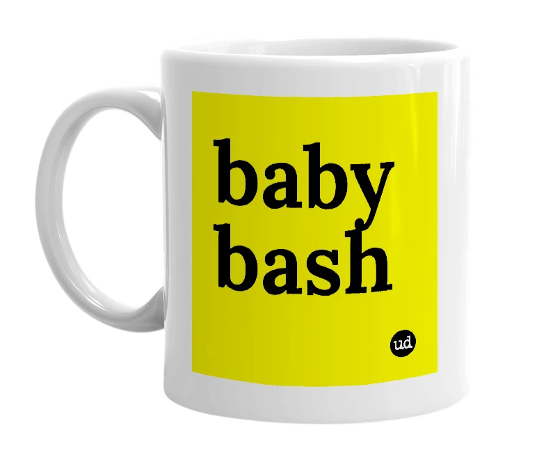 White mug with 'baby bash' in bold black letters