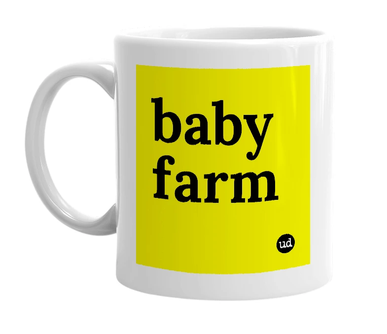 White mug with 'baby farm' in bold black letters