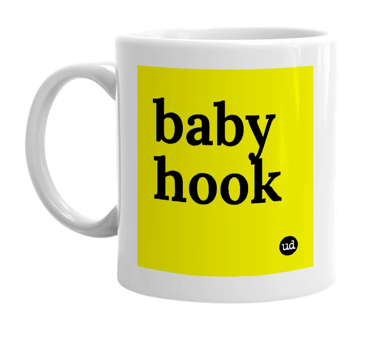 White mug with 'baby hook' in bold black letters