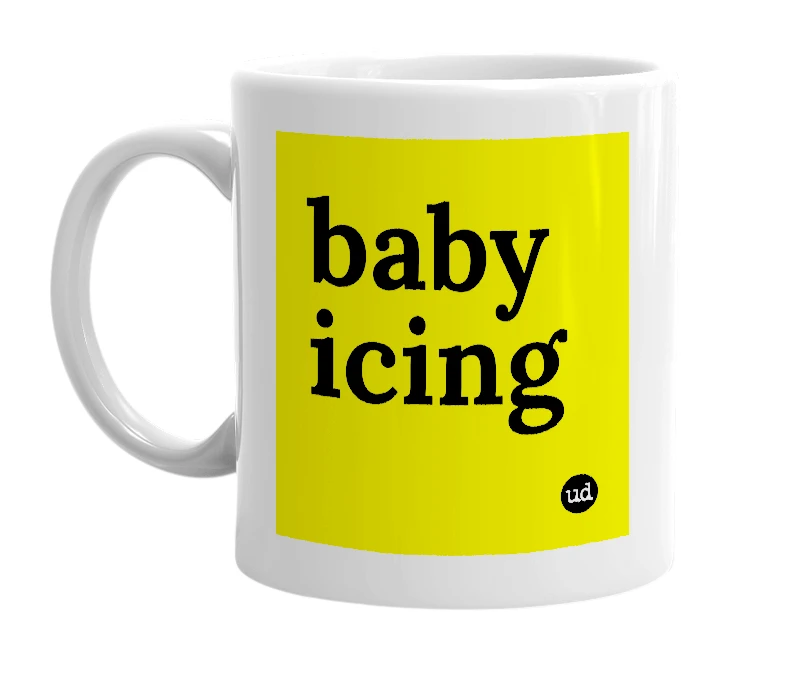 White mug with 'baby icing' in bold black letters