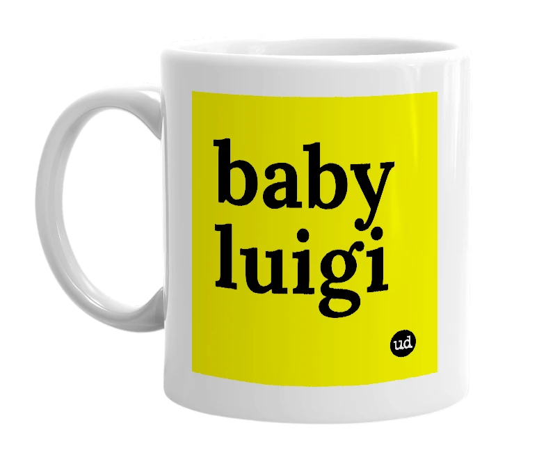 White mug with 'baby luigi' in bold black letters