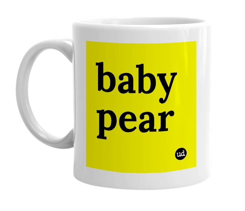 White mug with 'baby pear' in bold black letters