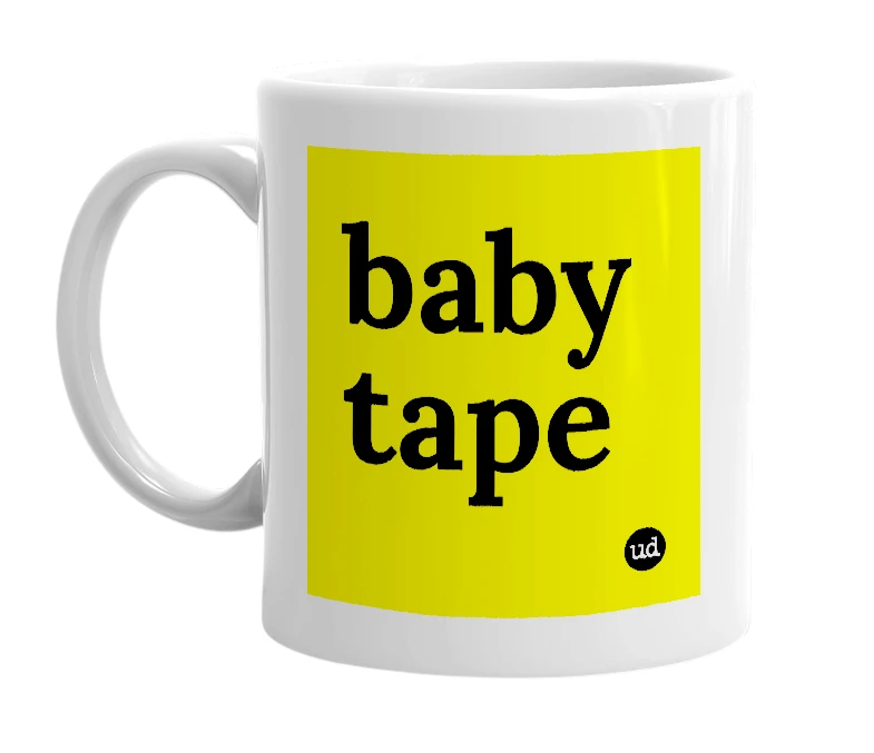 White mug with 'baby tape' in bold black letters