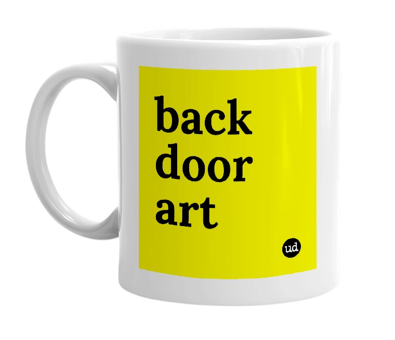 White mug with 'back door art' in bold black letters