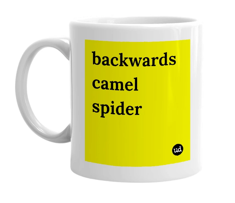 White mug with 'backwards camel spider' in bold black letters