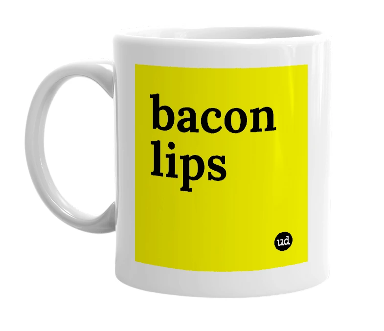 White mug with 'bacon lips' in bold black letters