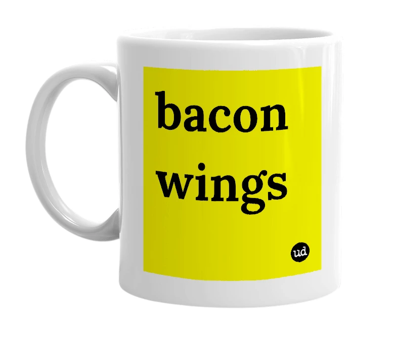 White mug with 'bacon wings' in bold black letters