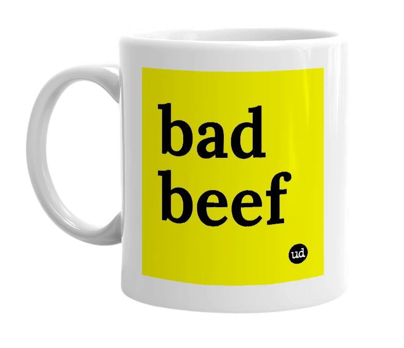 White mug with 'bad beef' in bold black letters