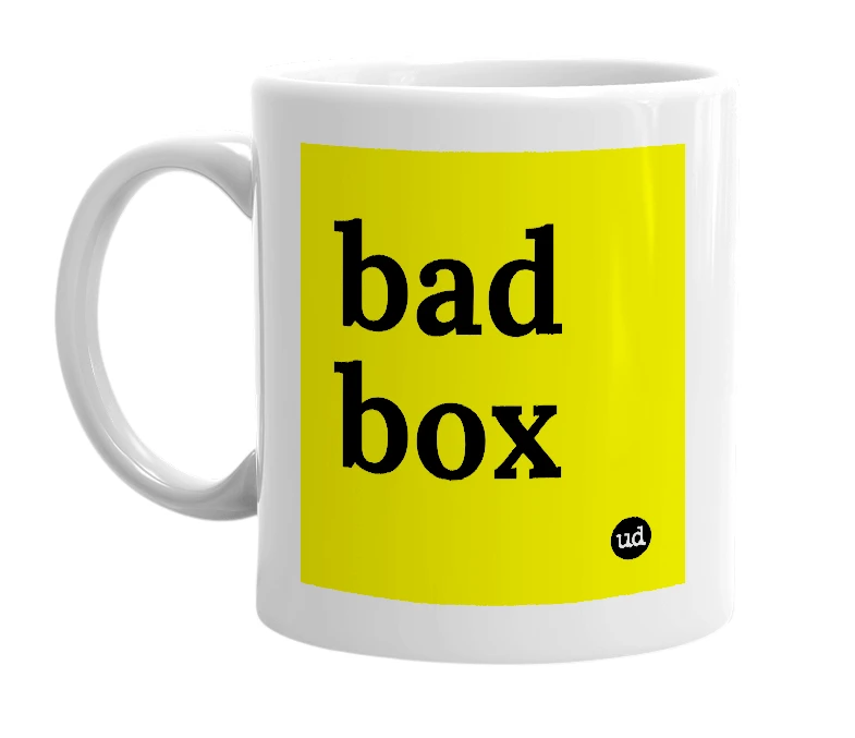 White mug with 'bad box' in bold black letters