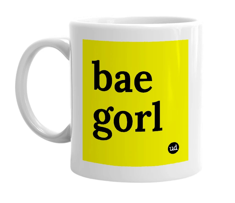 White mug with 'bae gorl' in bold black letters