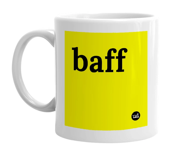 White mug with 'baff' in bold black letters