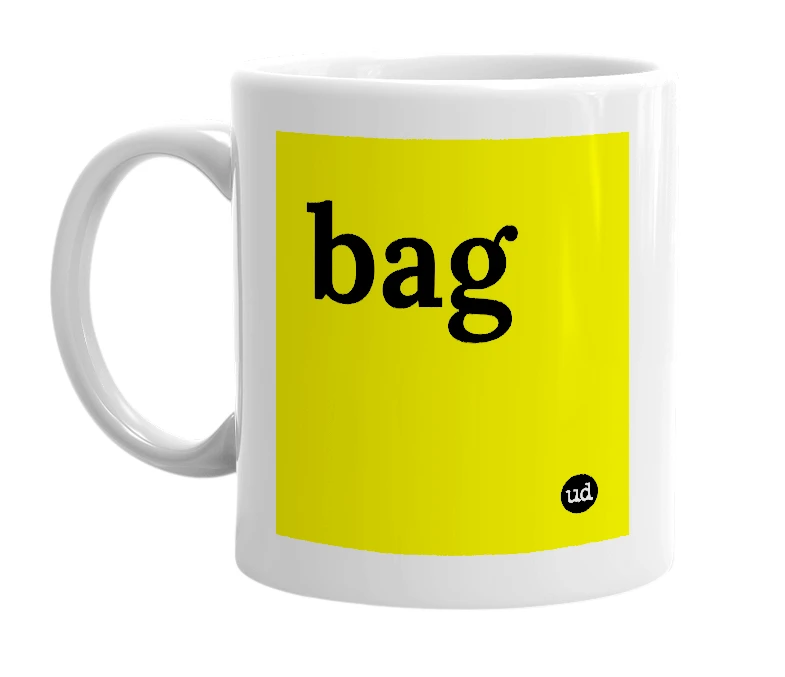 White mug with 'bag' in bold black letters