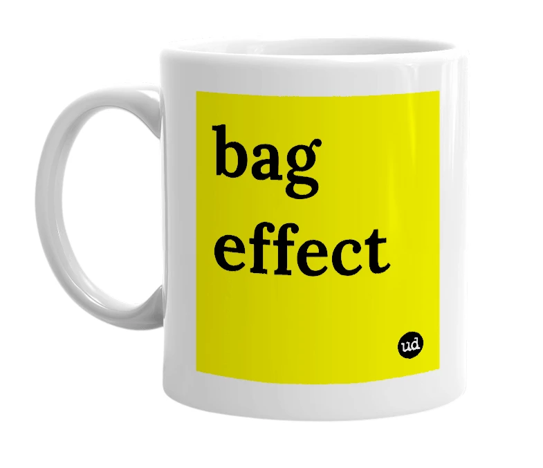 White mug with 'bag effect' in bold black letters