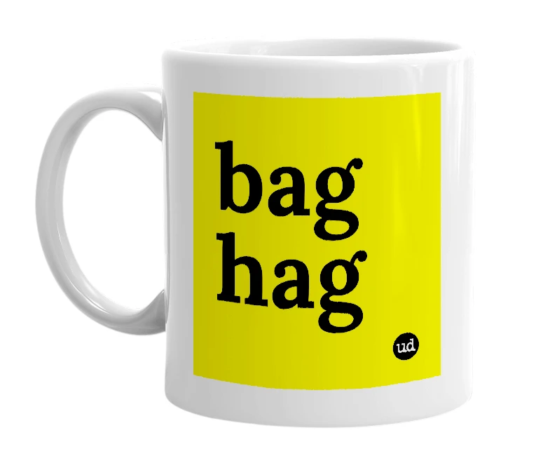 White mug with 'bag hag' in bold black letters