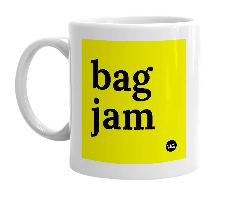 White mug with 'bag jam' in bold black letters