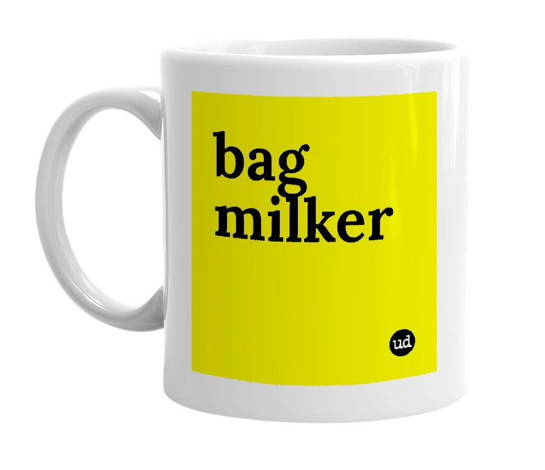 White mug with 'bag milker' in bold black letters