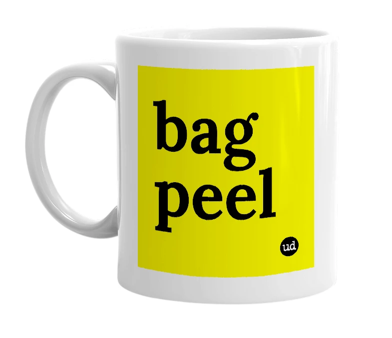White mug with 'bag peel' in bold black letters
