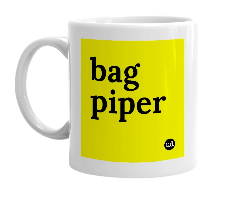 White mug with 'bag piper' in bold black letters