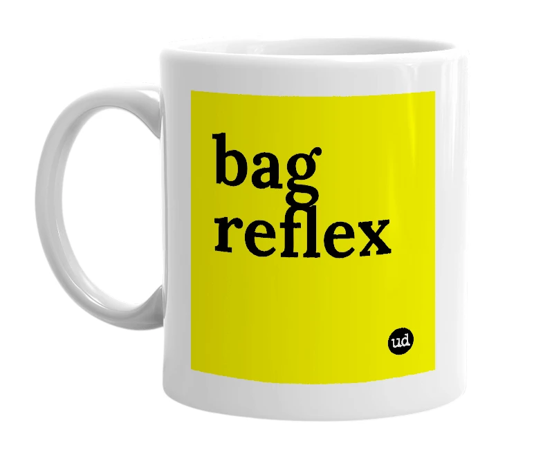 White mug with 'bag reflex' in bold black letters