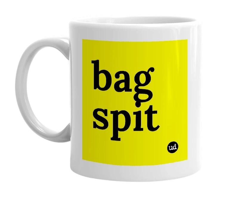 White mug with 'bag spit' in bold black letters