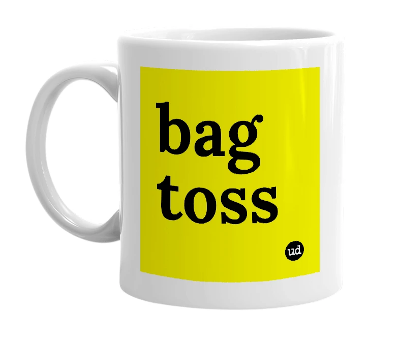 White mug with 'bag toss' in bold black letters