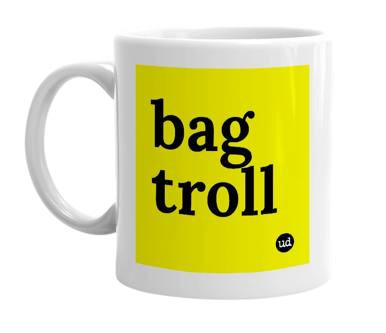 White mug with 'bag troll' in bold black letters