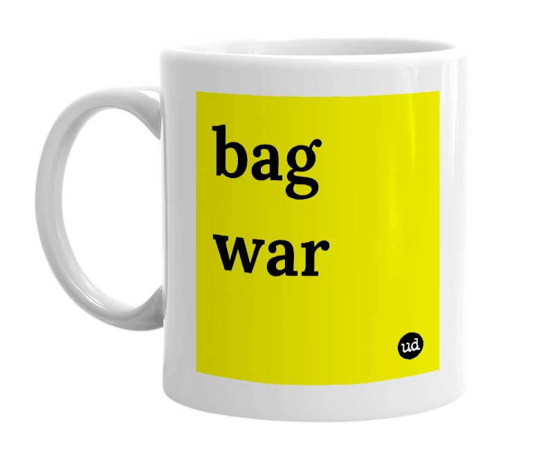 White mug with 'bag war' in bold black letters