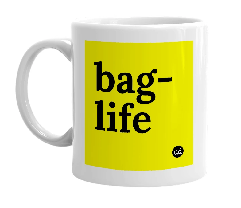 White mug with 'bag-life' in bold black letters