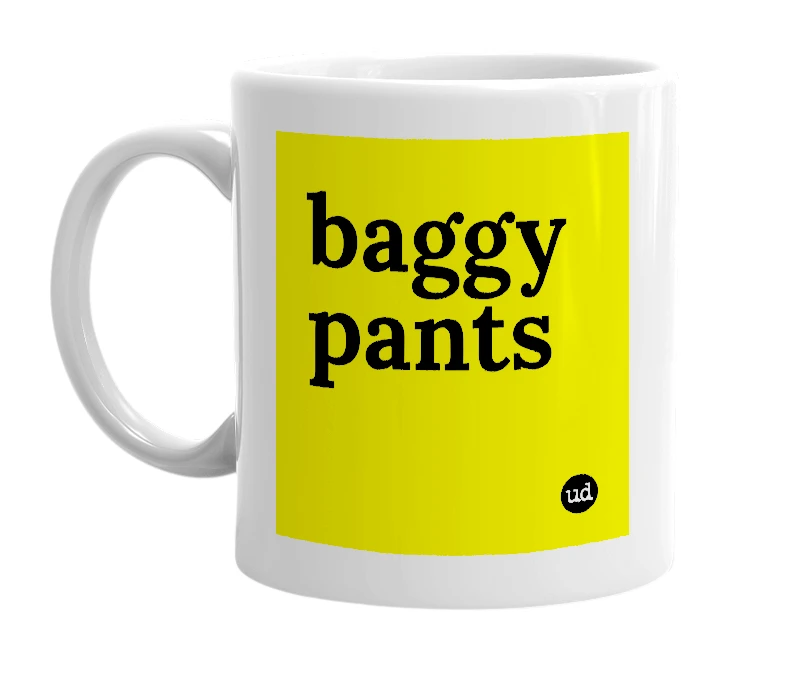 White mug with 'baggy pants' in bold black letters