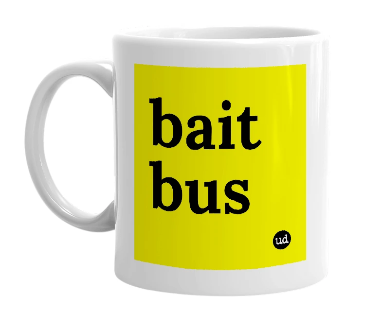 White mug with 'bait bus' in bold black letters