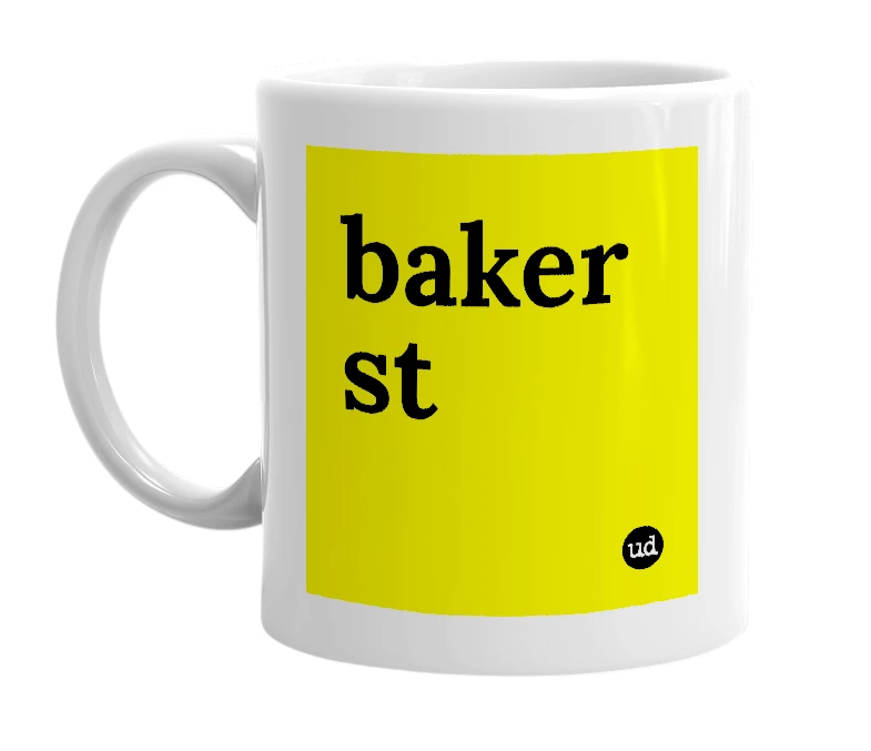 White mug with 'baker st' in bold black letters