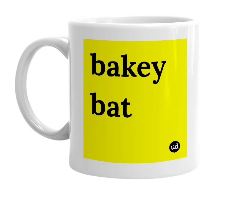 White mug with 'bakey bat' in bold black letters