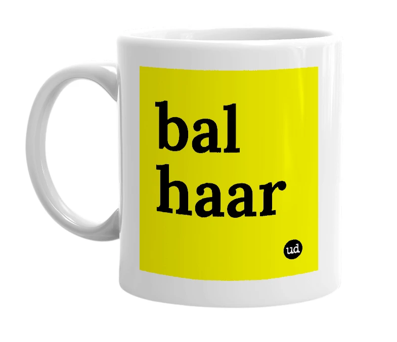 White mug with 'bal haar' in bold black letters