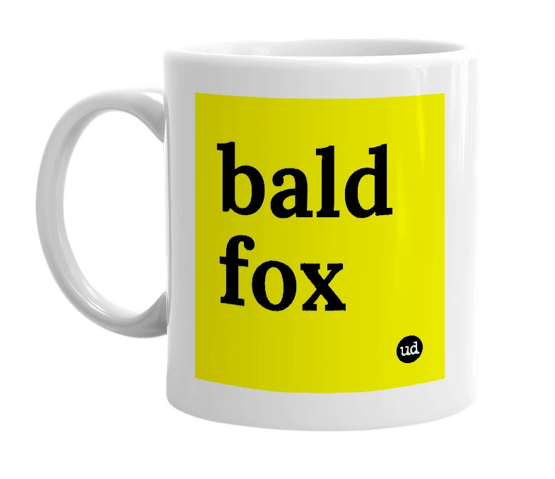 White mug with 'bald fox' in bold black letters