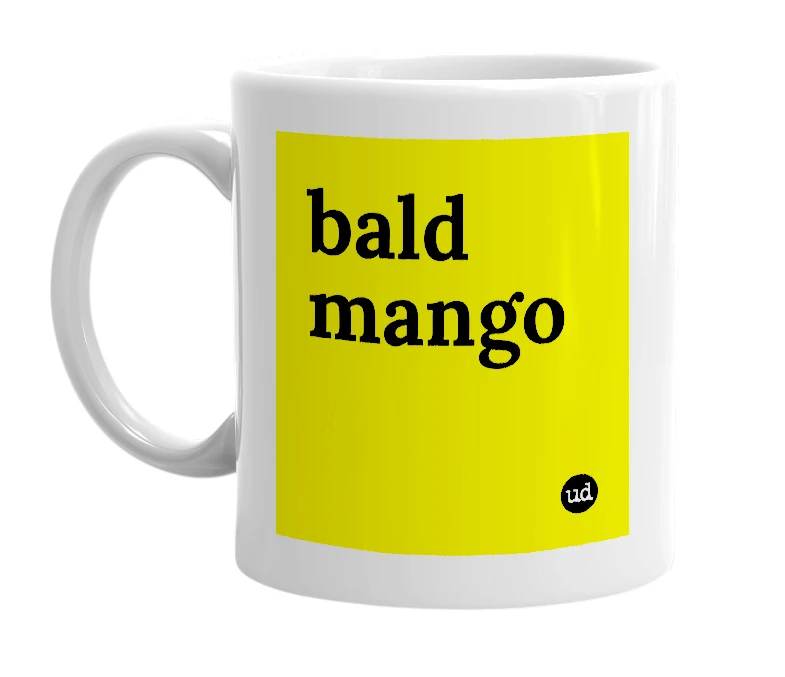 White mug with 'bald mango' in bold black letters