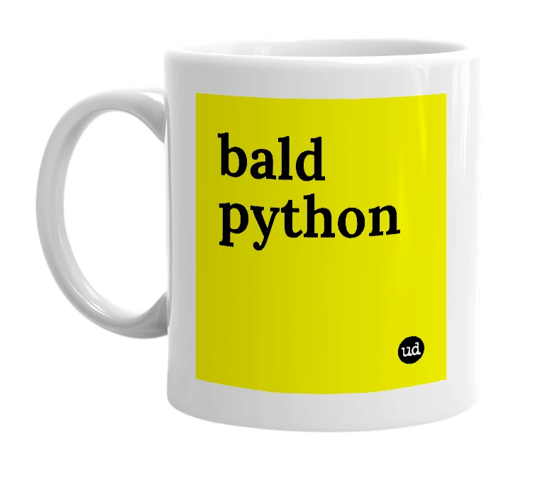 White mug with 'bald python' in bold black letters