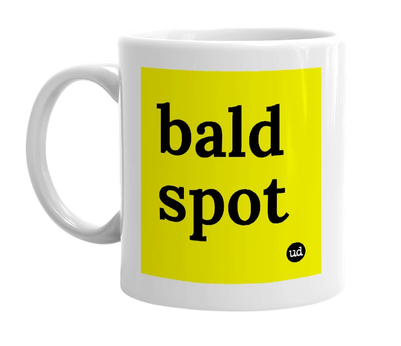 White mug with 'bald spot' in bold black letters