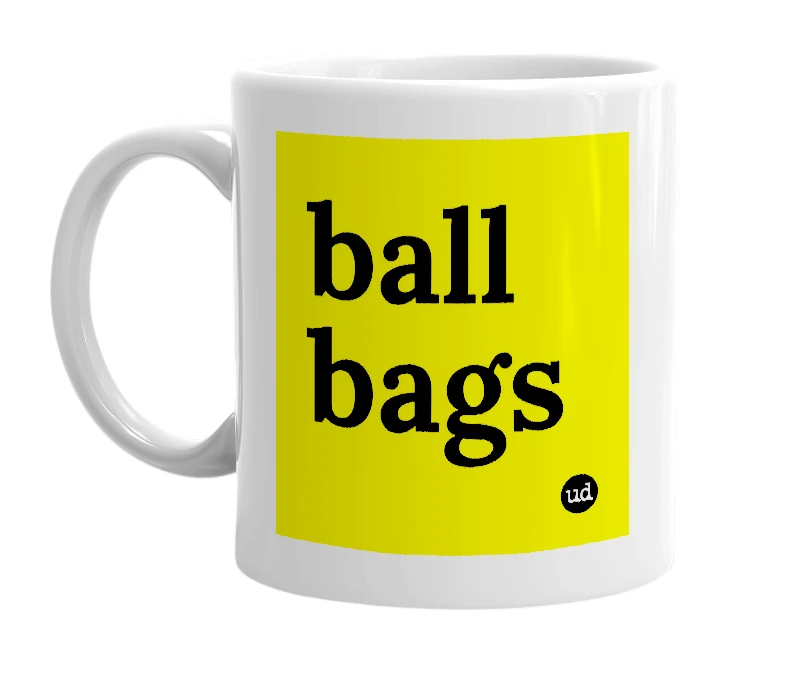 White mug with 'ball bags' in bold black letters