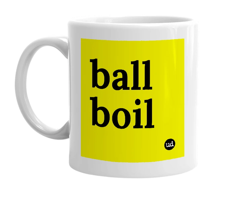 White mug with 'ball boil' in bold black letters